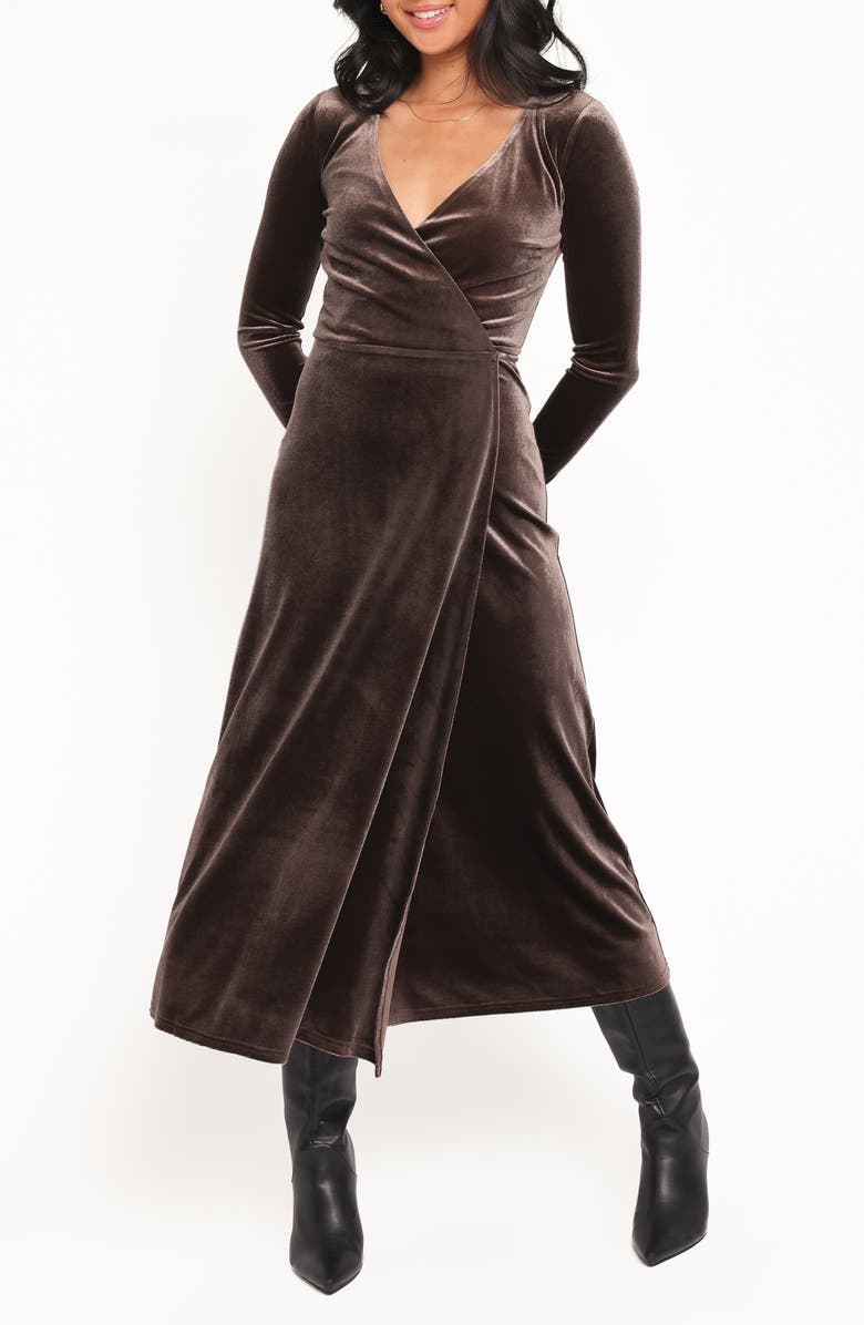 Petal & Pup Darby Long Sleeve Velvet Midi Wrap Dress, Main, color, Dark Brown