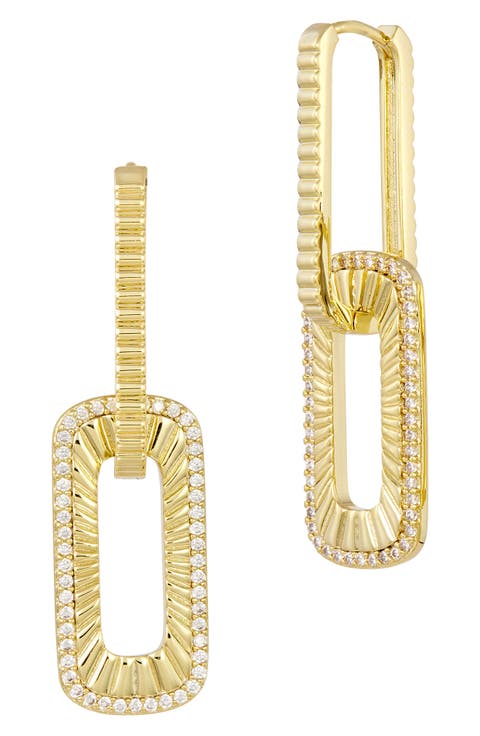 18K Gold Plated Cubic Zirconia Ribbed Link Drop Earrings
