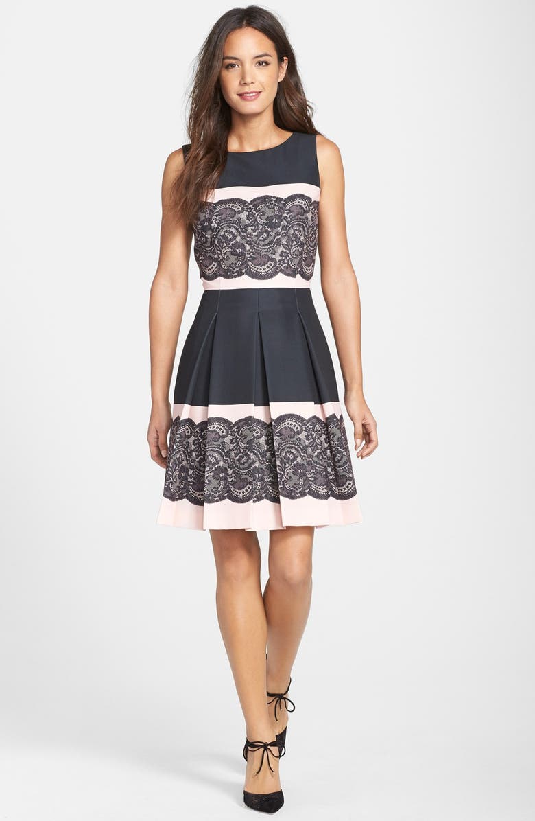 Tahari Lace Print Pleated Fit & Flare Dress, Alternate, color, 