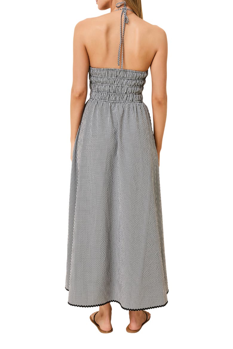 Lolita Gingham Shirred Halter Seersucker Maxi Sundress, Alternate, color, NOIR GINGHAM