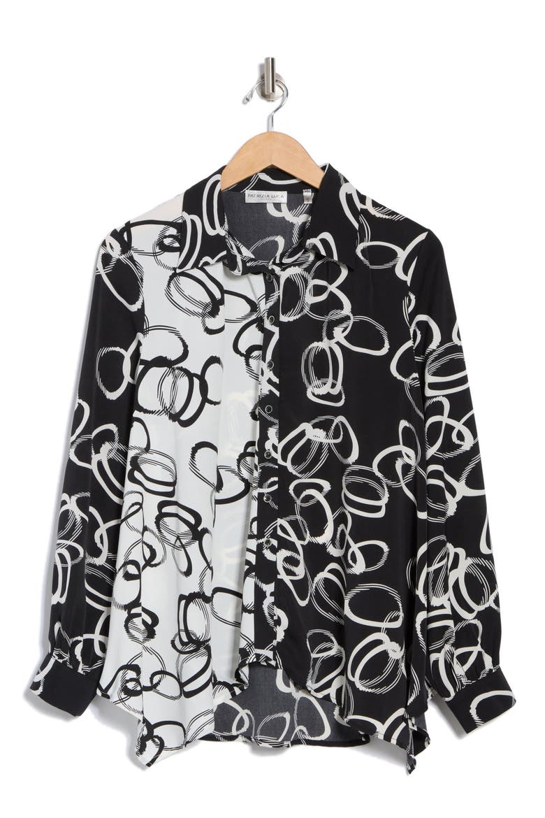 Oversize Colorblock Button-Up Shirt, Alternate, color, BLACK