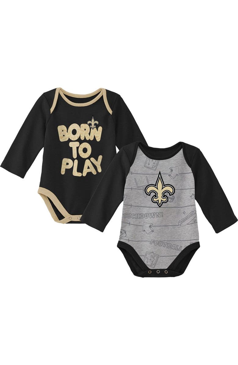 Outerstuff Newborn & Infant Black/Heathered Gray New Orleans Saints Born To Win Two-Pack Long Sleeve Bodysuit Set, Main, color, Black