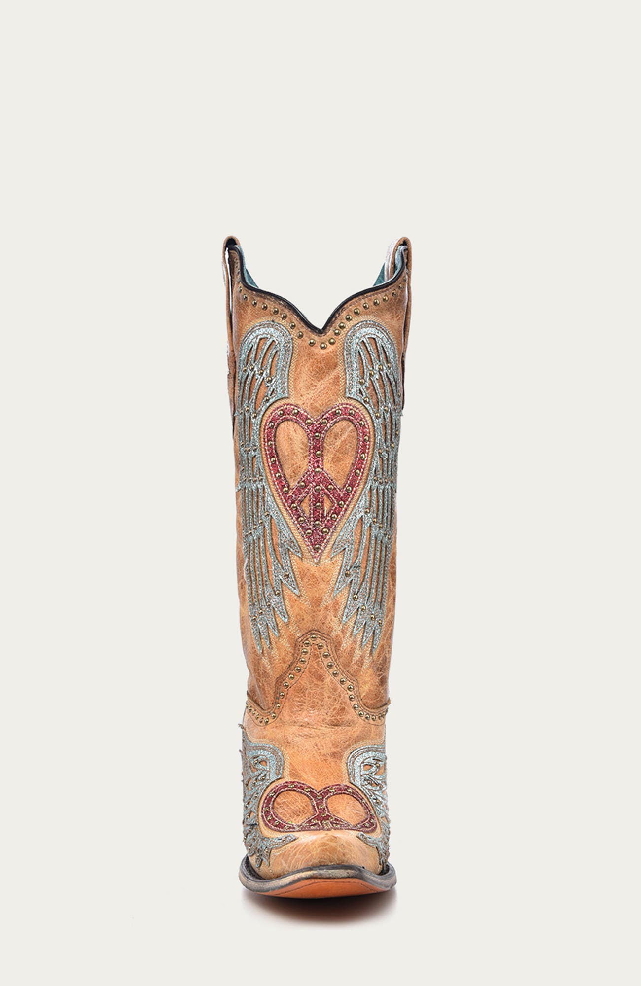 Cowhide Embroidered Overlay Studded Snip Toe Western Boots, Alternate, color, Sand