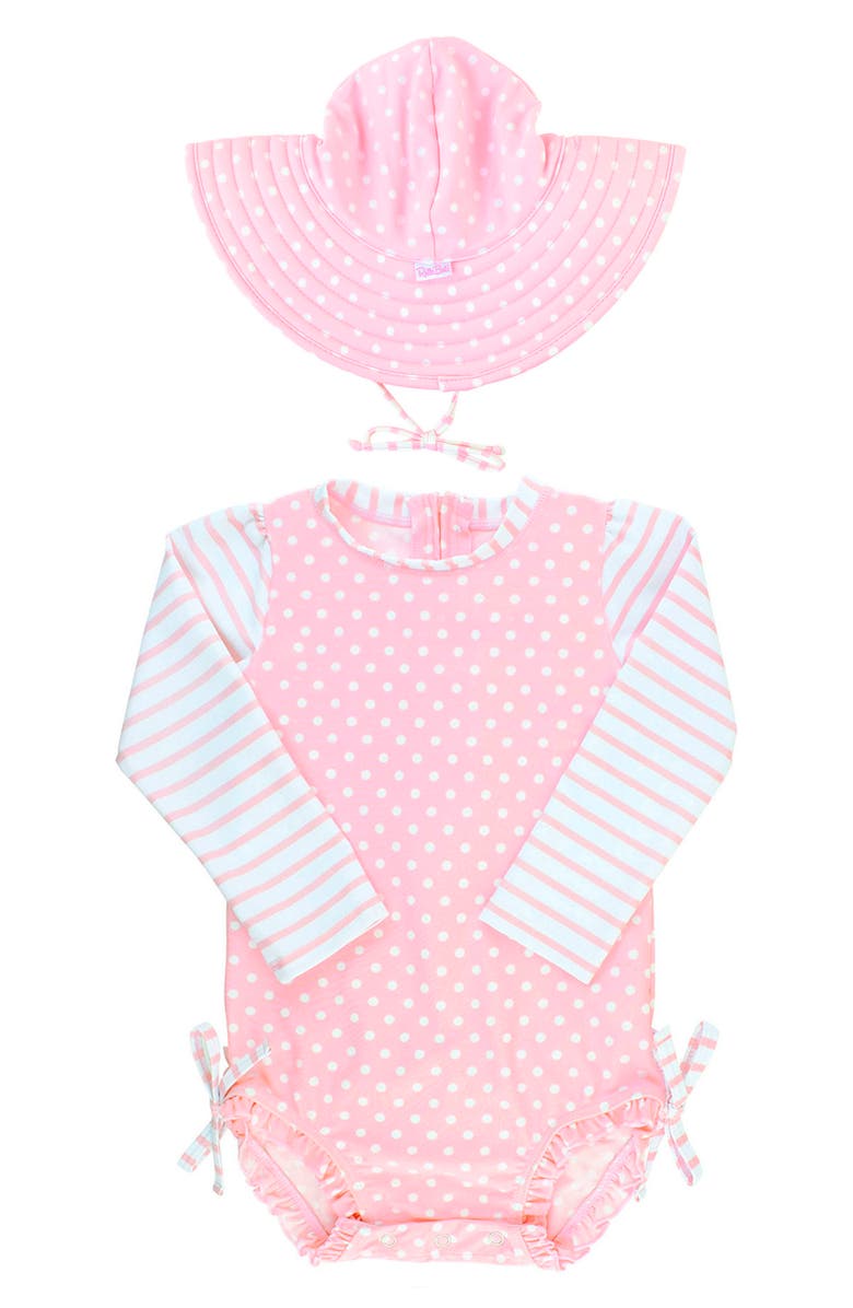 RuffleButts Pink Polka Dot One-Piece Rashguard Swimsuit & Hat Set, Main, color, Pink Polka Dot