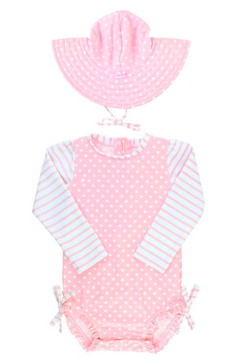 Pink Polka Dot One-Piece Rashguard Swimsuit & Hat Set (Baby)