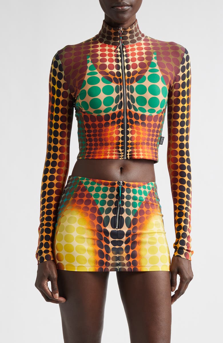 Jean Paul Gaultier Re-Edition Polka Dot Trompe l'Oeil Mesh Crop Top, Main, color, Orange/ Blue/ Brown