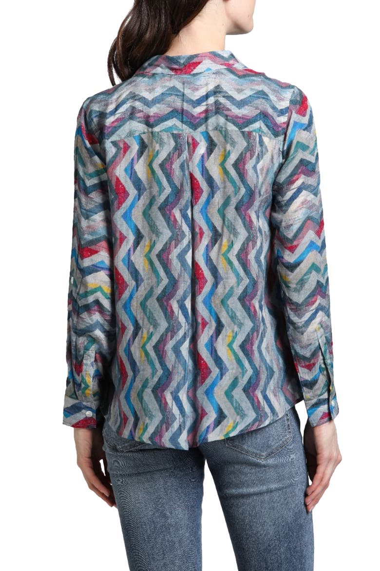 Abstract Print Roll Tab Sleeve Chiffon Button-Up Shirt, Alternate, color, BLUE/GREY MULTI