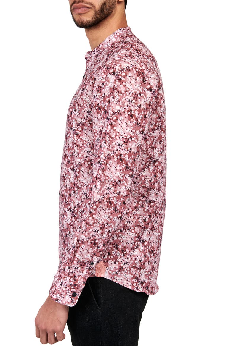 Poplar Cherry Blossom Mandarin Collar Long Sleeve Linen & Cotton Shirt, Alternate, color, PINK