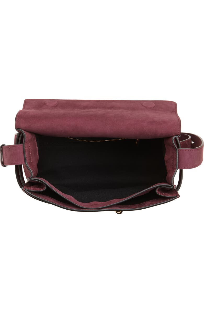 Moschino Tie Me Suede Shoulder Bag, Alternate, color, Wine