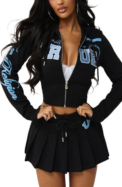 Embroidered Front Zip Cotton Blend Crop Hoodie