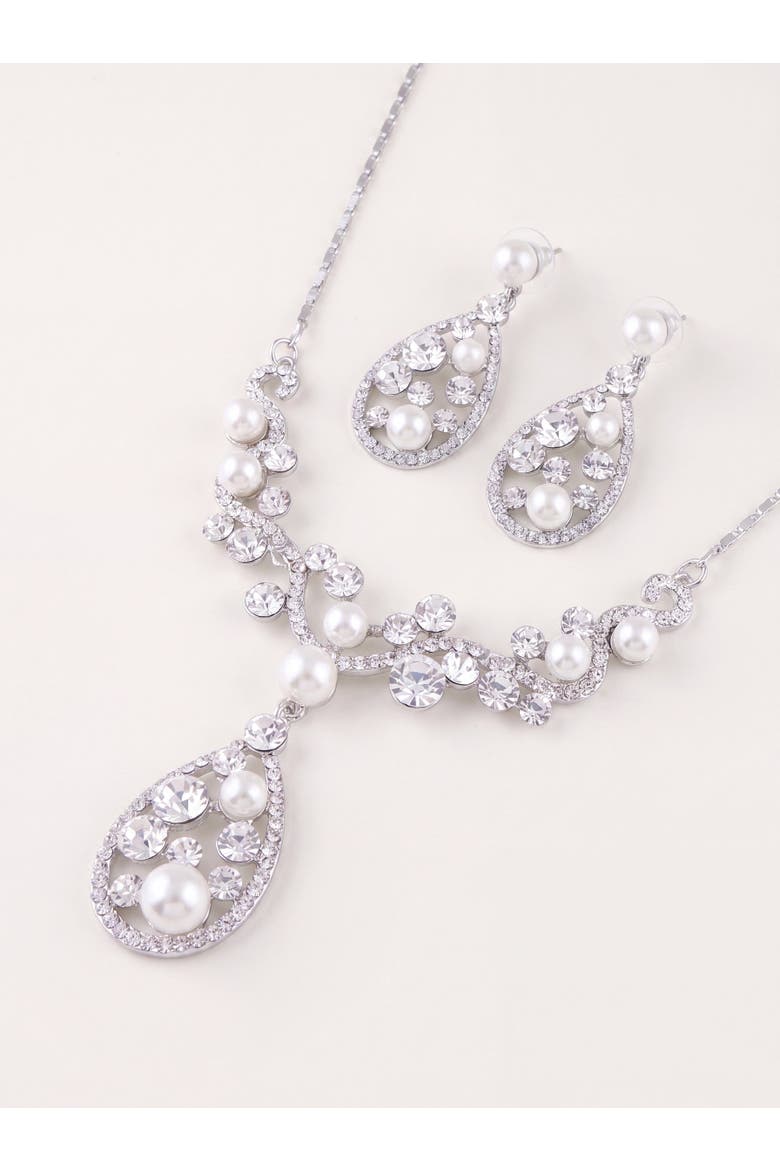 Pearl and Crystal Teardrop Necklace and Earrings Set, Alternate, color, Silver