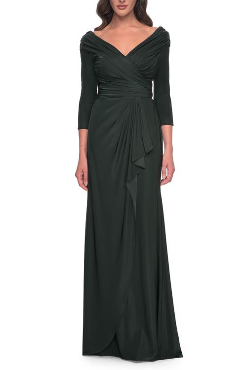 La Femme Ruched Long Dress With Ruffle Skirt Detail And Sleeves In Dark Emerald