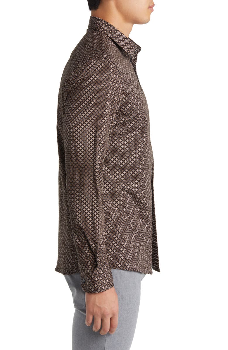 Stone Rose Clover Geometric Print Stretch Cotton Button-Up Shirt, Alternate, color, Brown