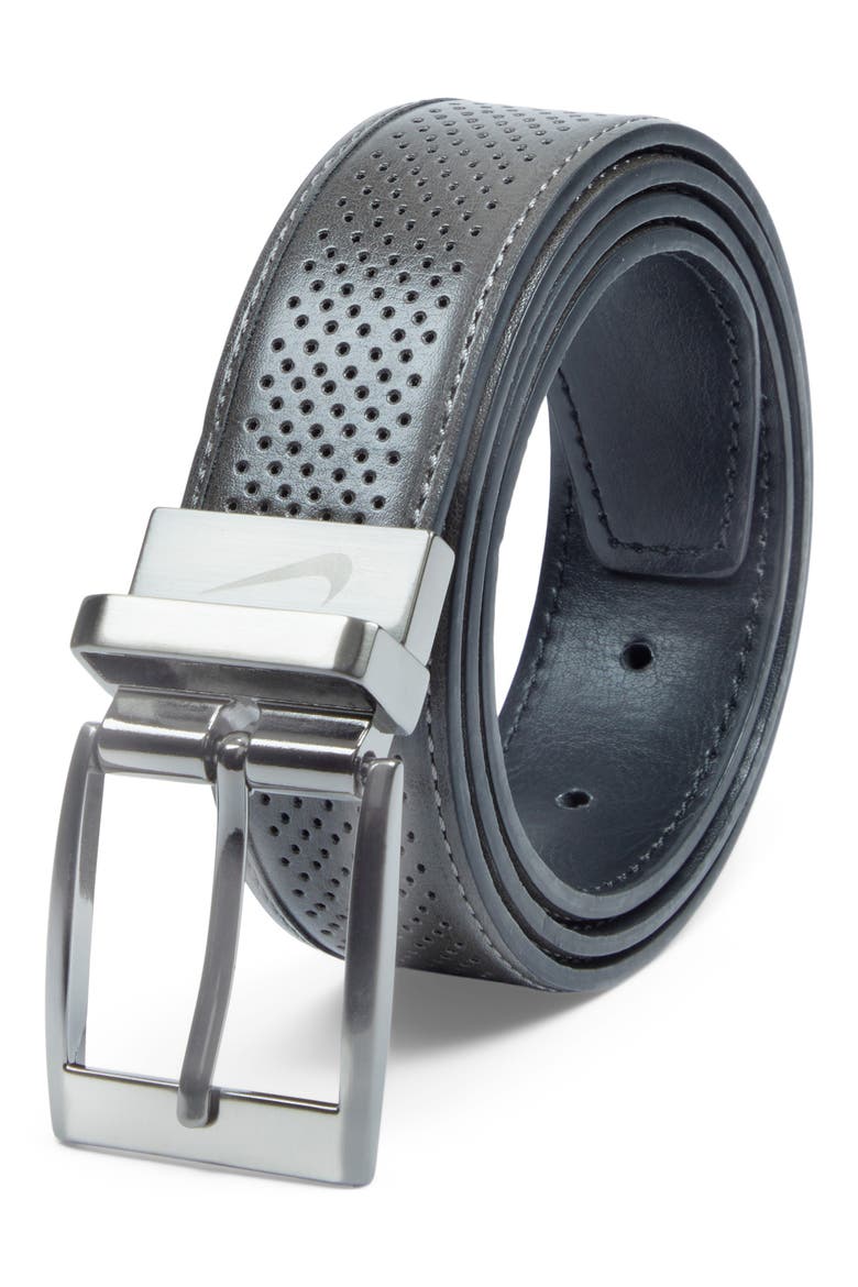 Tour Perforated & Smooth Reversible Leather Belt, Alternate, color, GREY/ BLACK