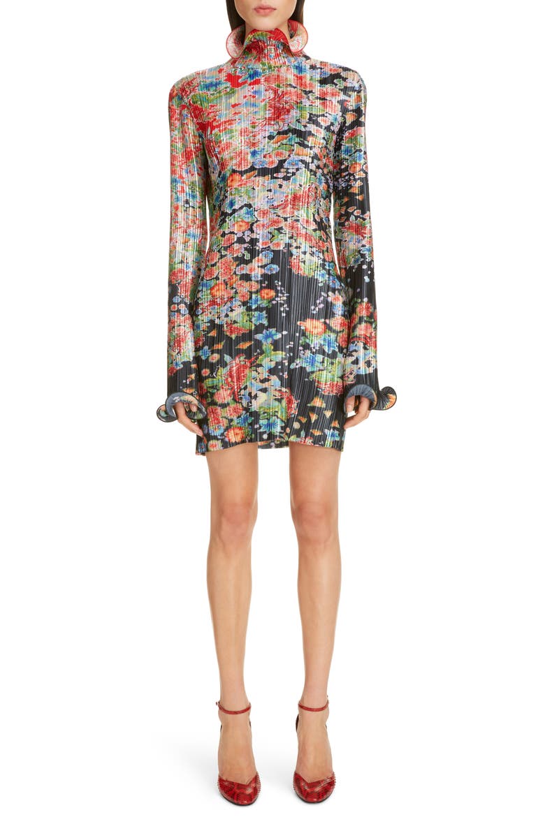 Bloom Long Sleeve Plissé Minidress, Main, color, RED/ BLACK