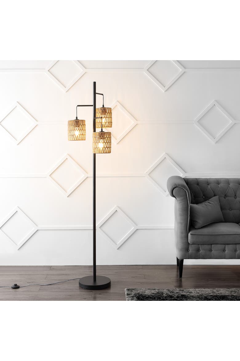 Isla 3-Light Mid-Century Bohemian Metal/Rope LED Floor Lamp, Alternate, color, Black