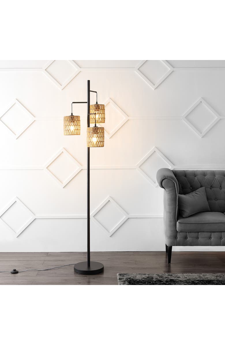 JONATHAN Y Isla 3-Light Mid-Century Bohemian Metal/Rope LED Floor Lamp, Alternate, color, Black