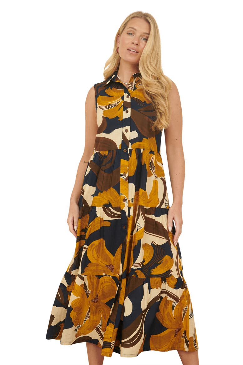 Cotton Leaf Midi Sleeveless Shirt Dress, Alternate, color, Navy