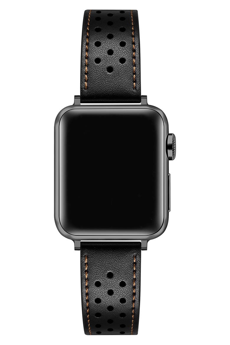 Derek Perforated Leather Apple Watch® Watchband, Alternate, color, BLACK