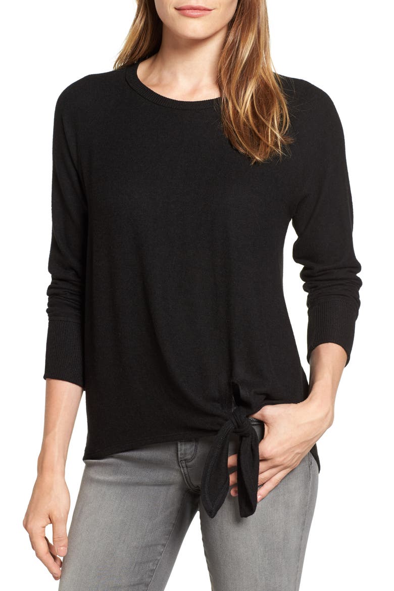Gibson Tie Front Cozy Fleece Pullover, Main, color, BLACK