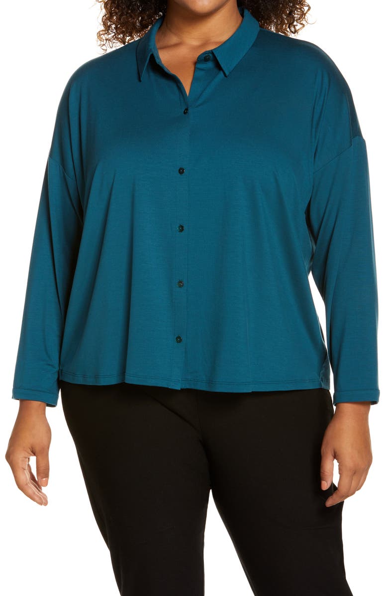 Eileen Fisher Classic Collar Stretch Jersey Boxy Shirt, Main, color,