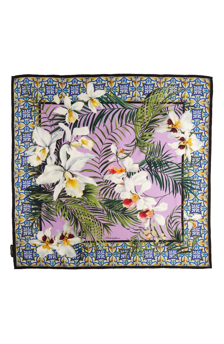 Dolce&Gabbana Orchid & Maiolica Print Silk Scarf, Main, color, 
