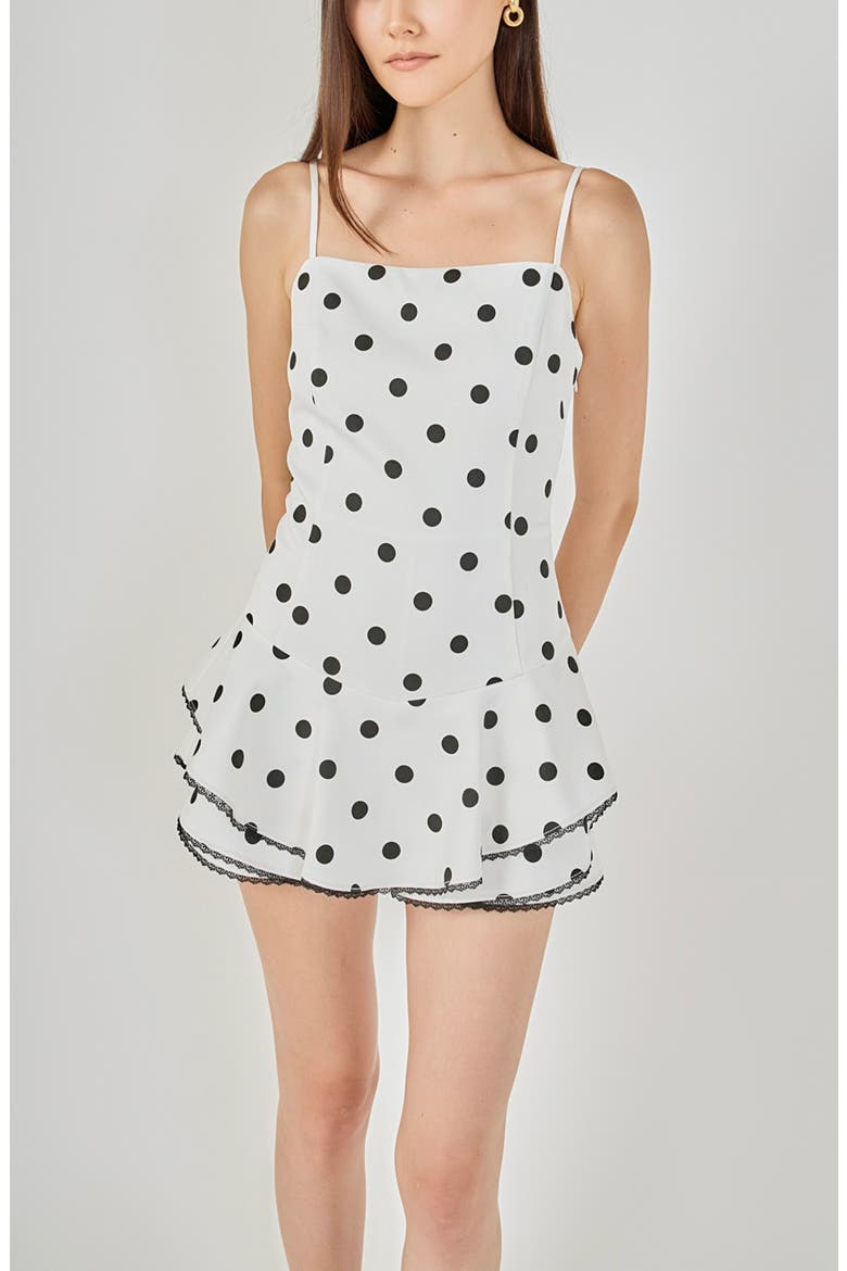 Polka Dot Lace Trimmed Romper, Alternate, color, IVORY/BLACK