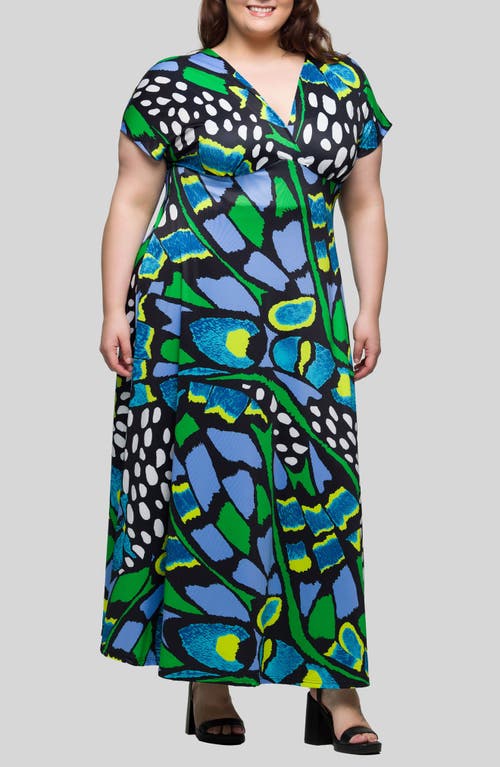 24seven Comfort Apparel Plus Size V-neck Empire Waist Cap Sleeve Maxi Dress In Green Multi