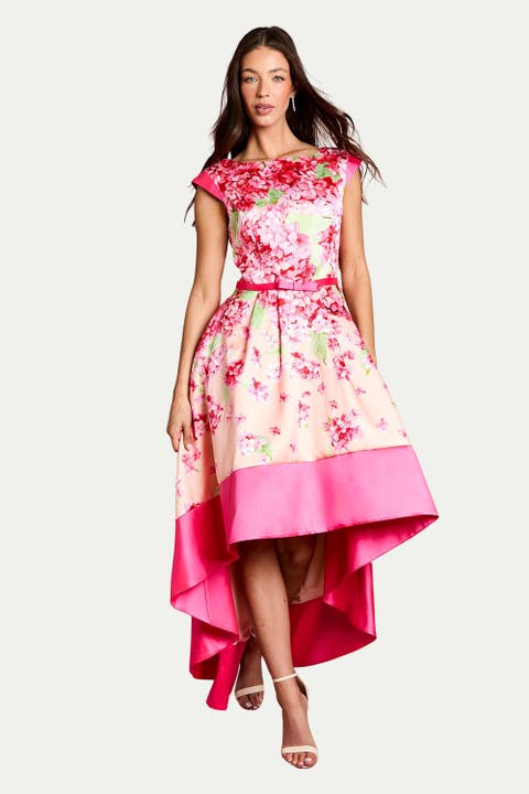 Twill Hi-lo Floral Printed Midi Dress