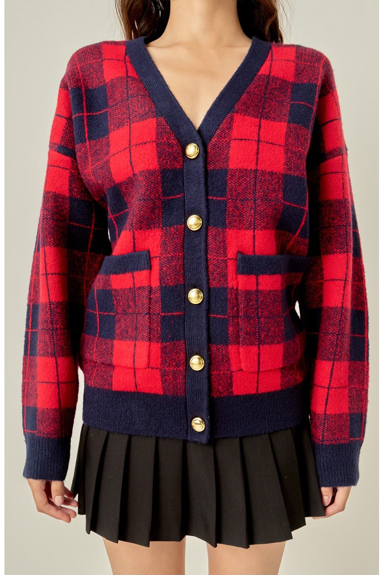 Oversize Check Cardigan, Alternate, color, BURGUNDY