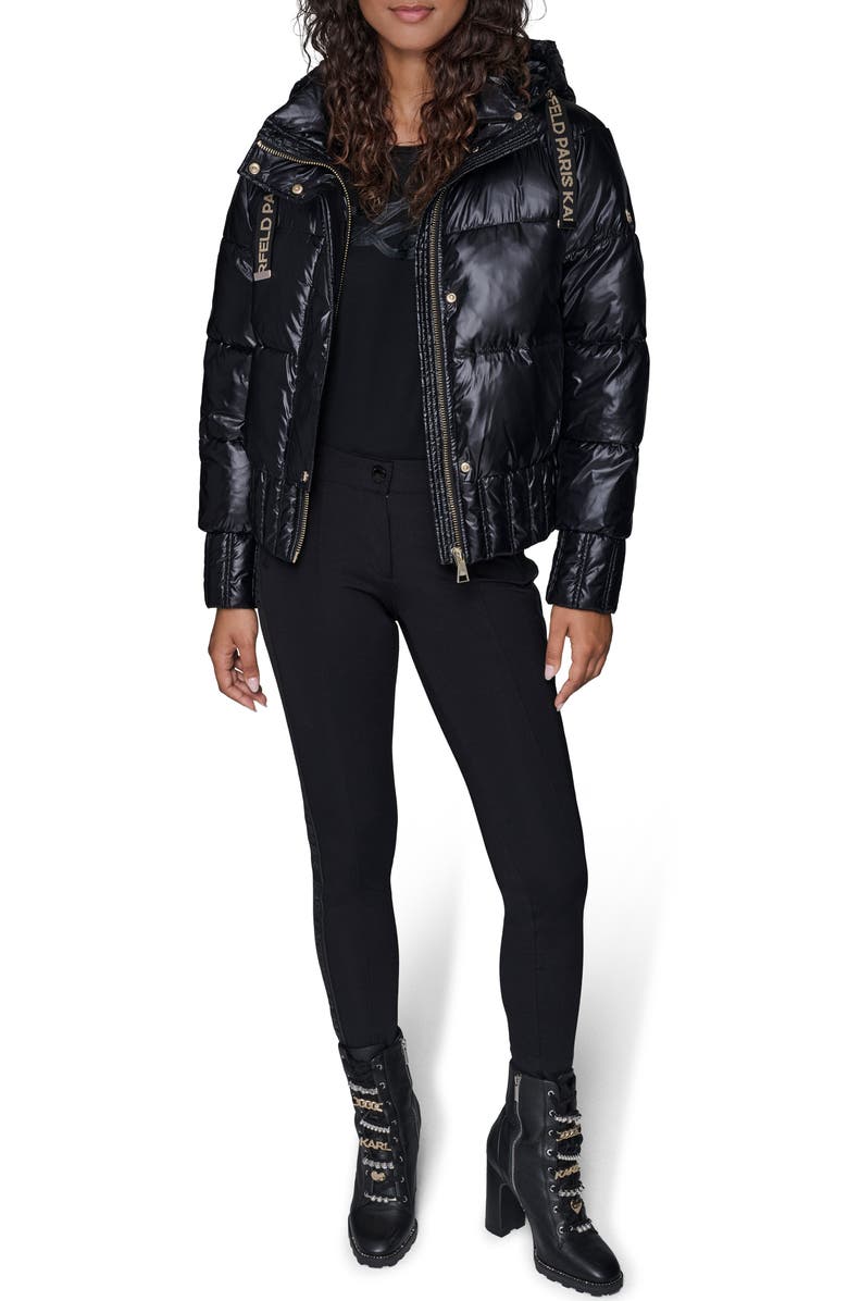 KARL LAGERFELD PARIS Crop Puffer Bomber Jacket, Alternate, color, Black