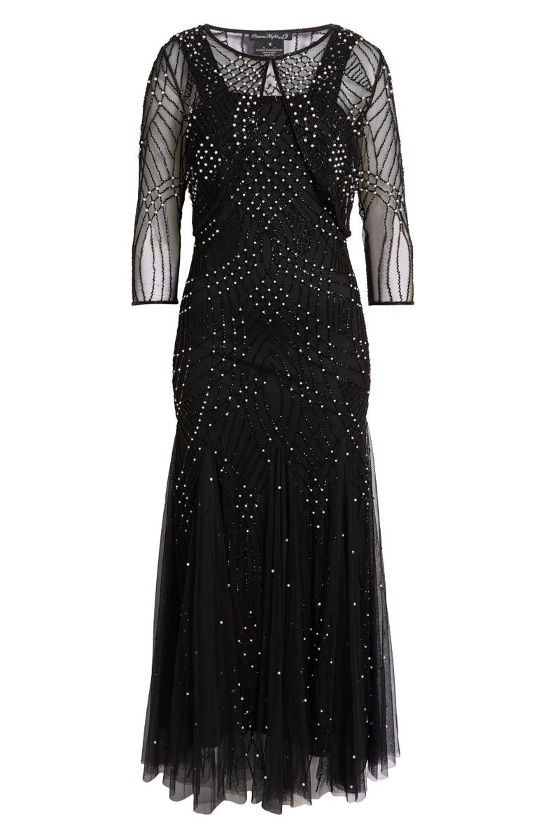Pisarro Nights Two-Tone Beadwork Trumpet Gown with Sheer Bolero, Alternate, color, Black 001