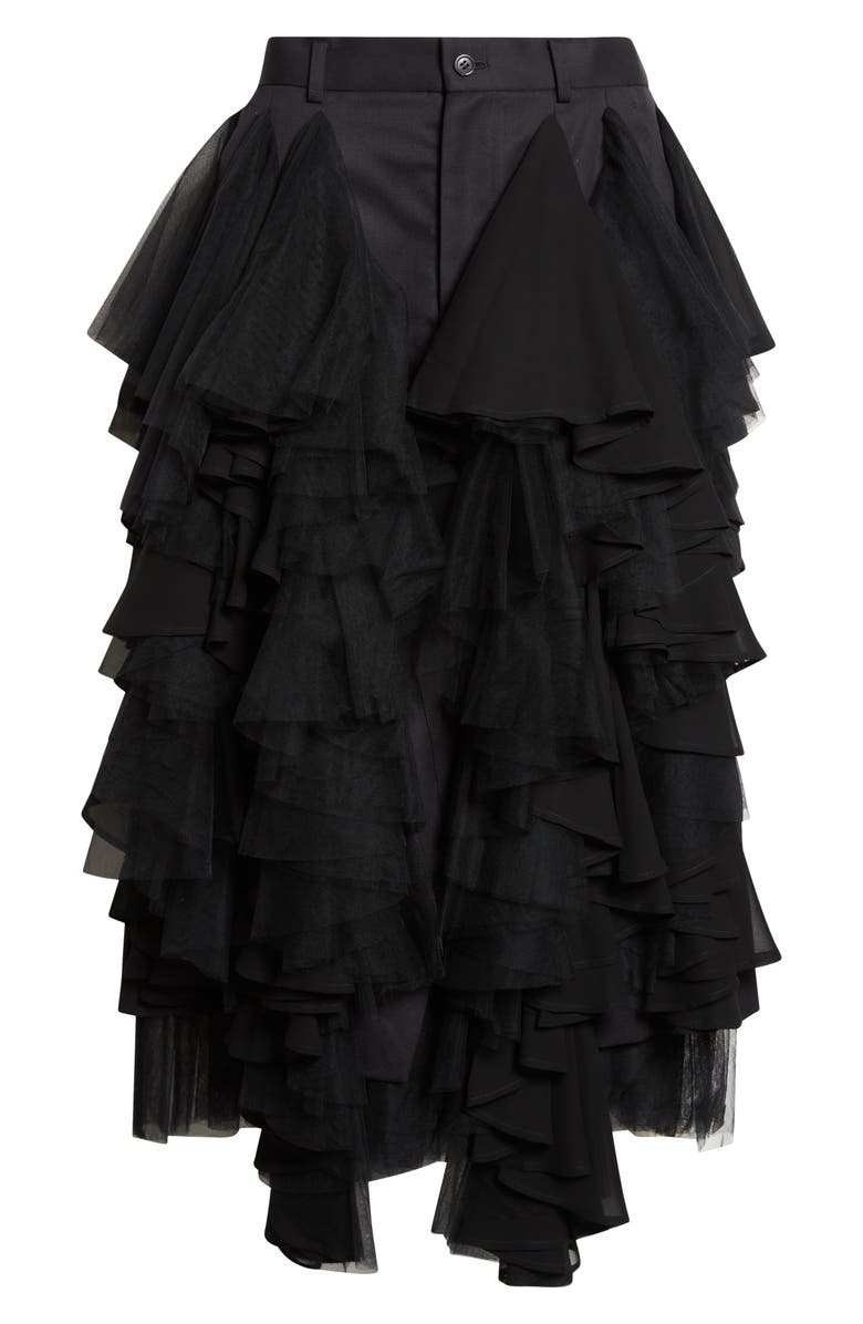 Noir Kei Ninomiya Wool Gabardine Skirt with Tulle Ruffles, Main, color, Black X Black