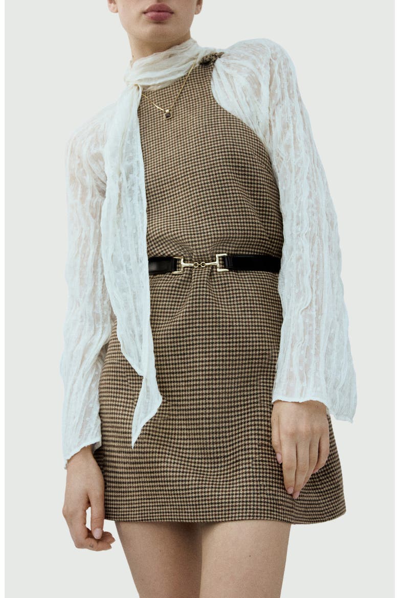 Gina Knot Detail Houndstooth Microcheck Dress, Main, color, MEDIUM BROWN