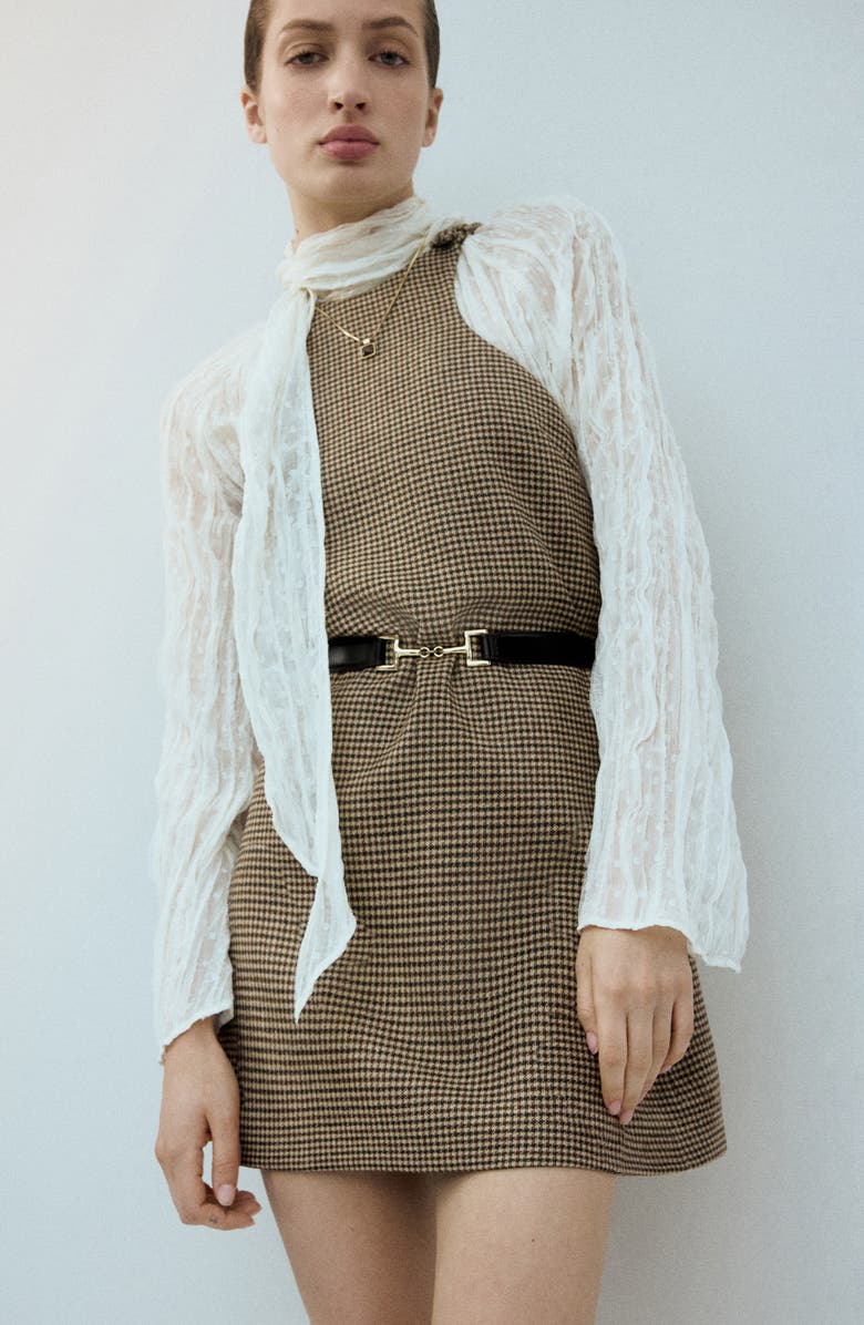 MANGO Gina Knot Detail Houndstooth Microcheck Dress, Alternate, color, Medium Brown