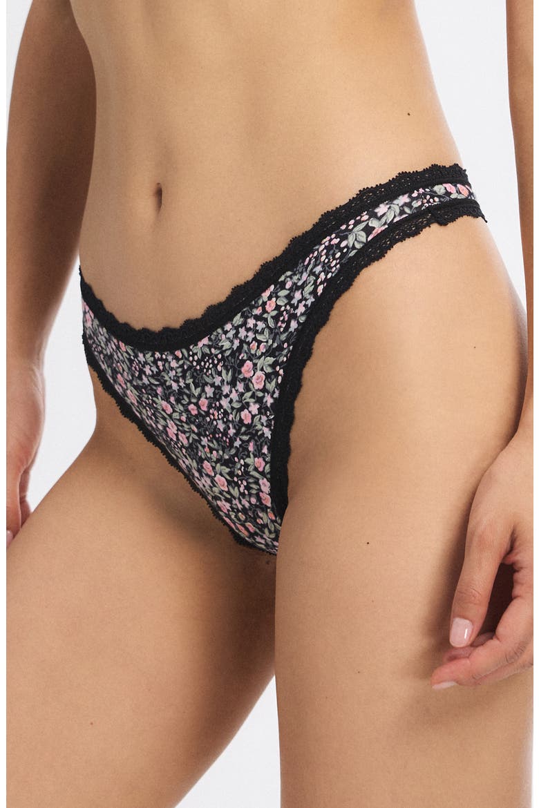 Cotton Essentials Lace Trim Thong, Alternate, color, BLACK CAVIAR FLORAL POP PRINT