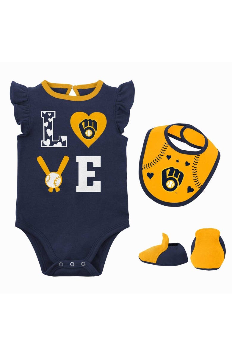 Outerstuff Newborn & Infant Navy/Gold Milwaukee Brewers Three-Piece Love of Baseball Bib Bodysuit & Booties Set, Main, color, Navy