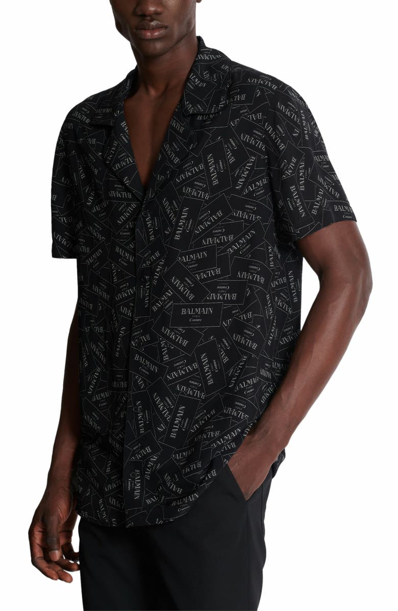 Balmain Pyjama Shirt With All-Over Balmain Label Print, Alternate, color, Black