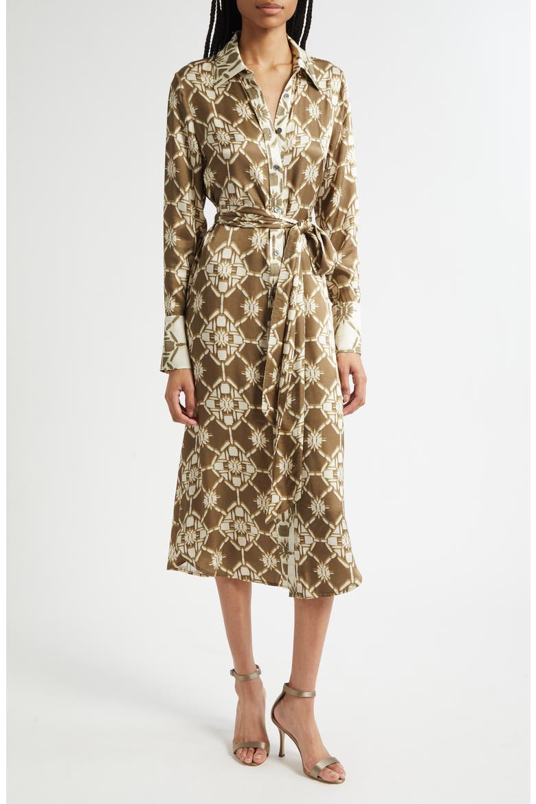 Victoria Tile Print Long Sleeve Shirtdress, Main, color, OLIVE TILE PRINT