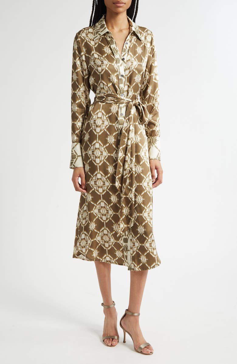 Ramy Brook Victoria Tile Print Long Sleeve Shirtdress, Main, color, Olive Tile Print