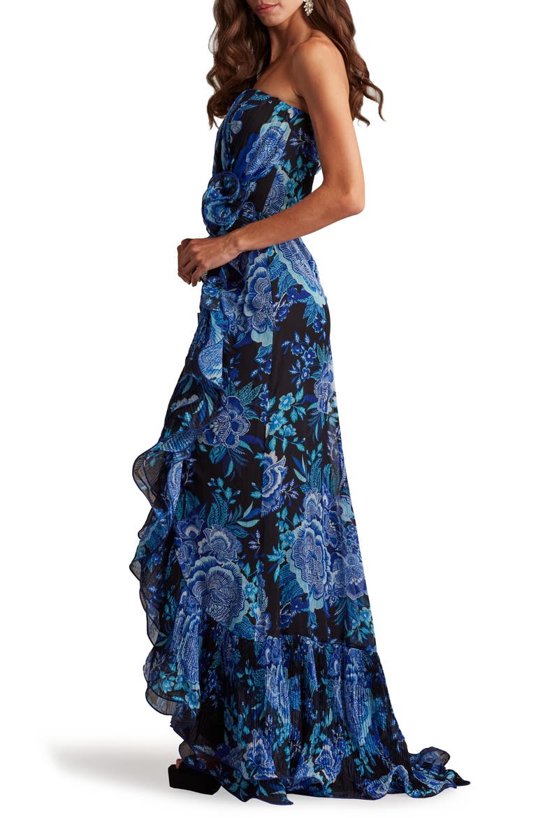 Side Ruffle Strapless Gown, Alternate, color, BLACK/ BLUE FLORAL
