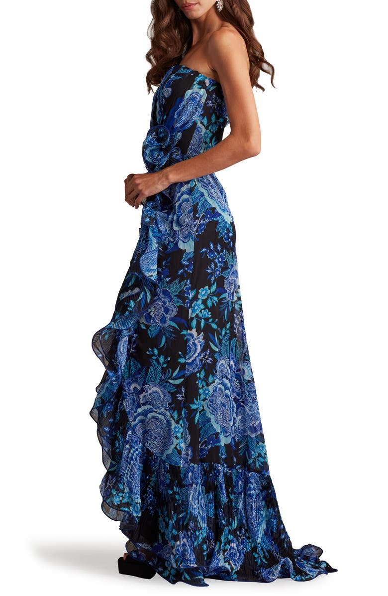 Tadashi Shoji Side Ruffle Strapless Gown, Alternate, color, Black/ Blue Floral