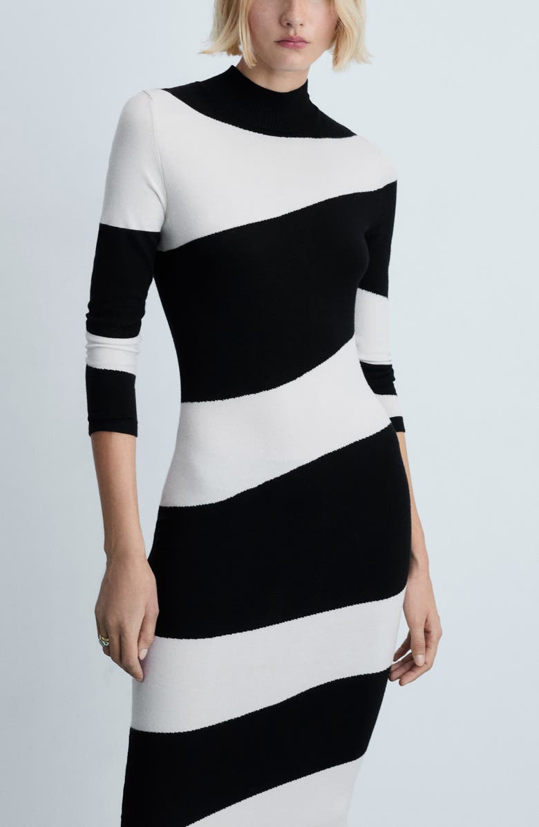 MANGO Perkins Stripe Long Sleeve Midi Dress, Alternate, color, Black