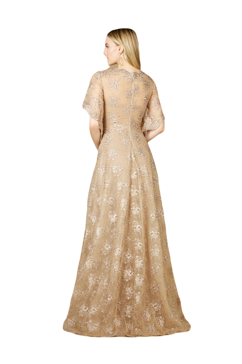 Cape Sleeve V-Neck Gown, Alternate, color, Stone