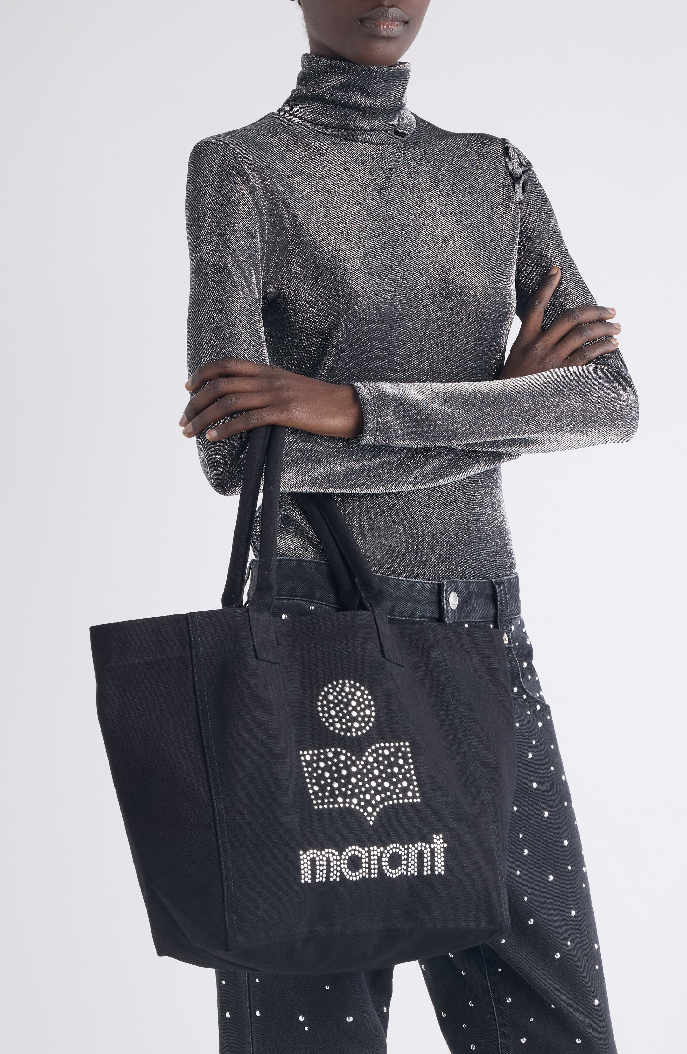 Isabel Marant Small Yenky Festive Studded Logo Canvas Tote, Alternate, color, Faded Black