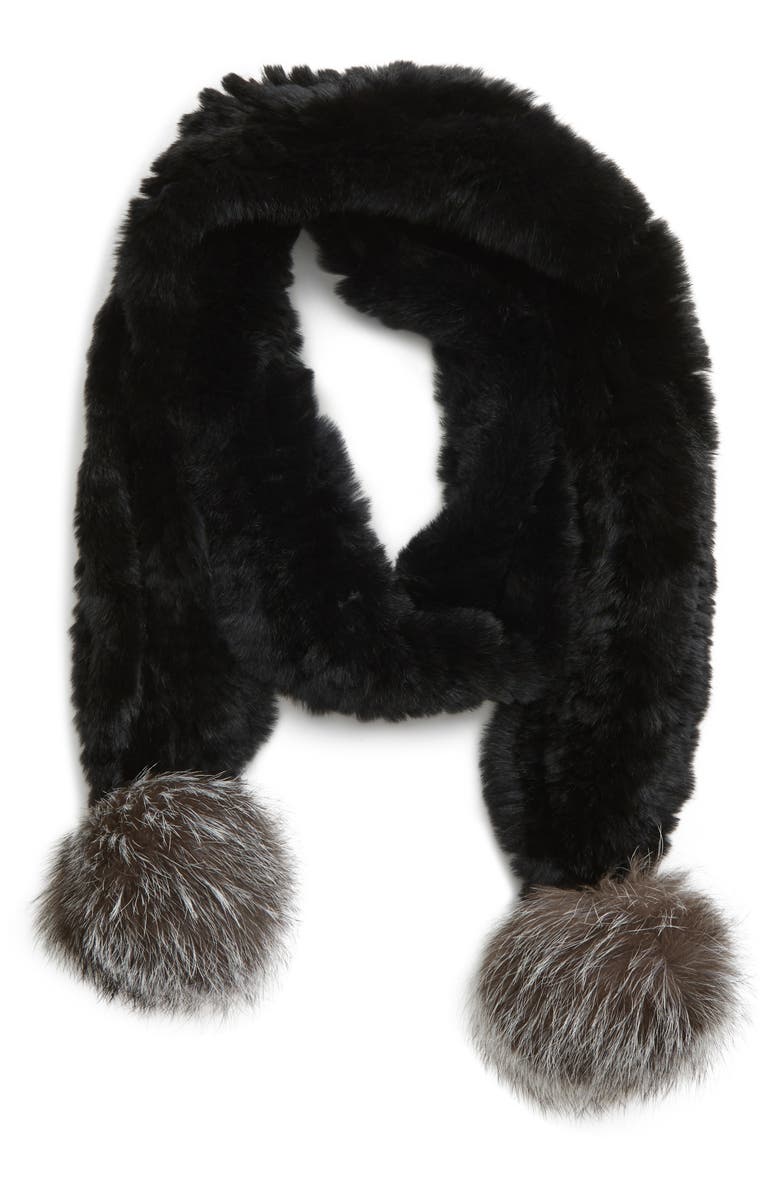 Jocelyn Genuine Rabbit Fur Skinny Scarf with Genuine Fox Fur Poms, Main, color, 