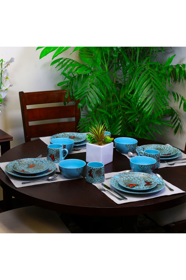 Butterfly Garden 16 Piece Stoneware Dinnerware Set, Alternate, color, Blue