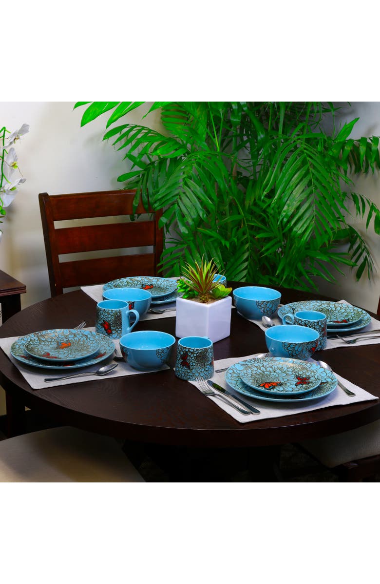 Elama Butterfly Garden 16 Piece Stoneware Dinnerware Set, Alternate, color, Blue