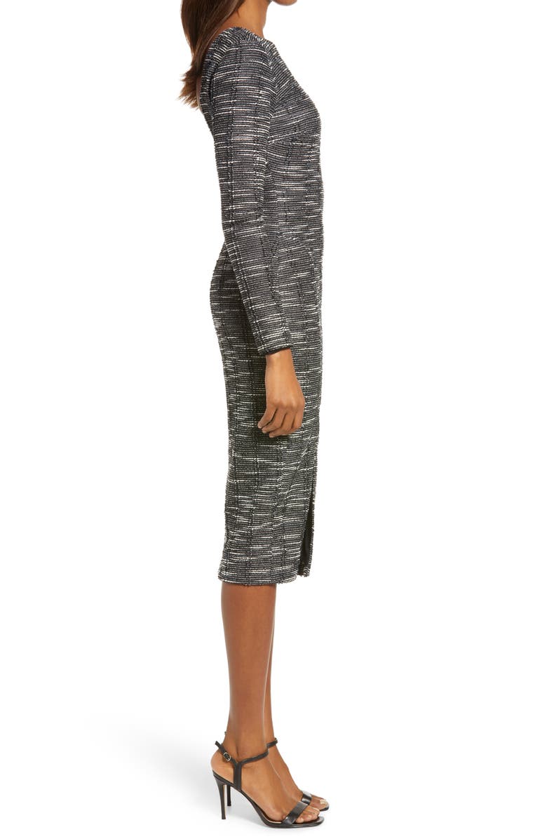 Dress the Population Natalie Front Slit Long Sleeve Stretch Tweed Midi Dress, Alternate, color, 