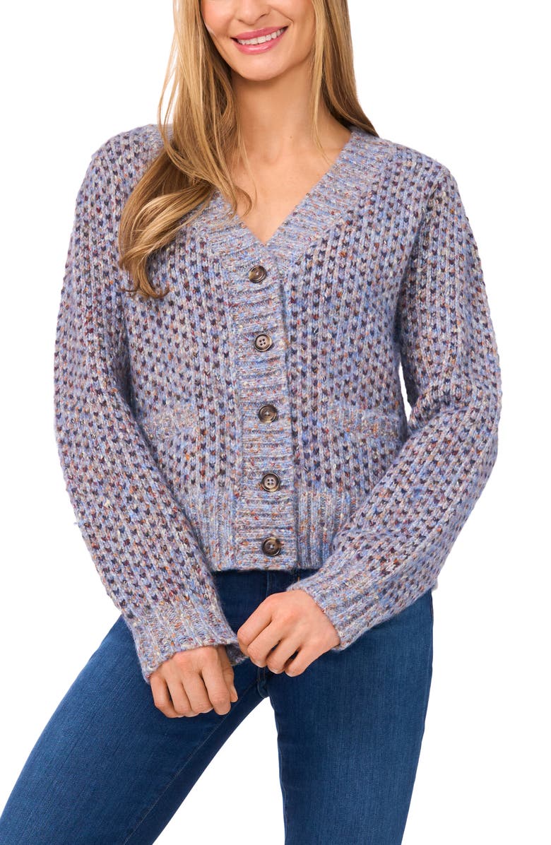 CeCe Tuck Stitch Grandpa Button-Up Cardigan, Main, color, Light Blue Multi